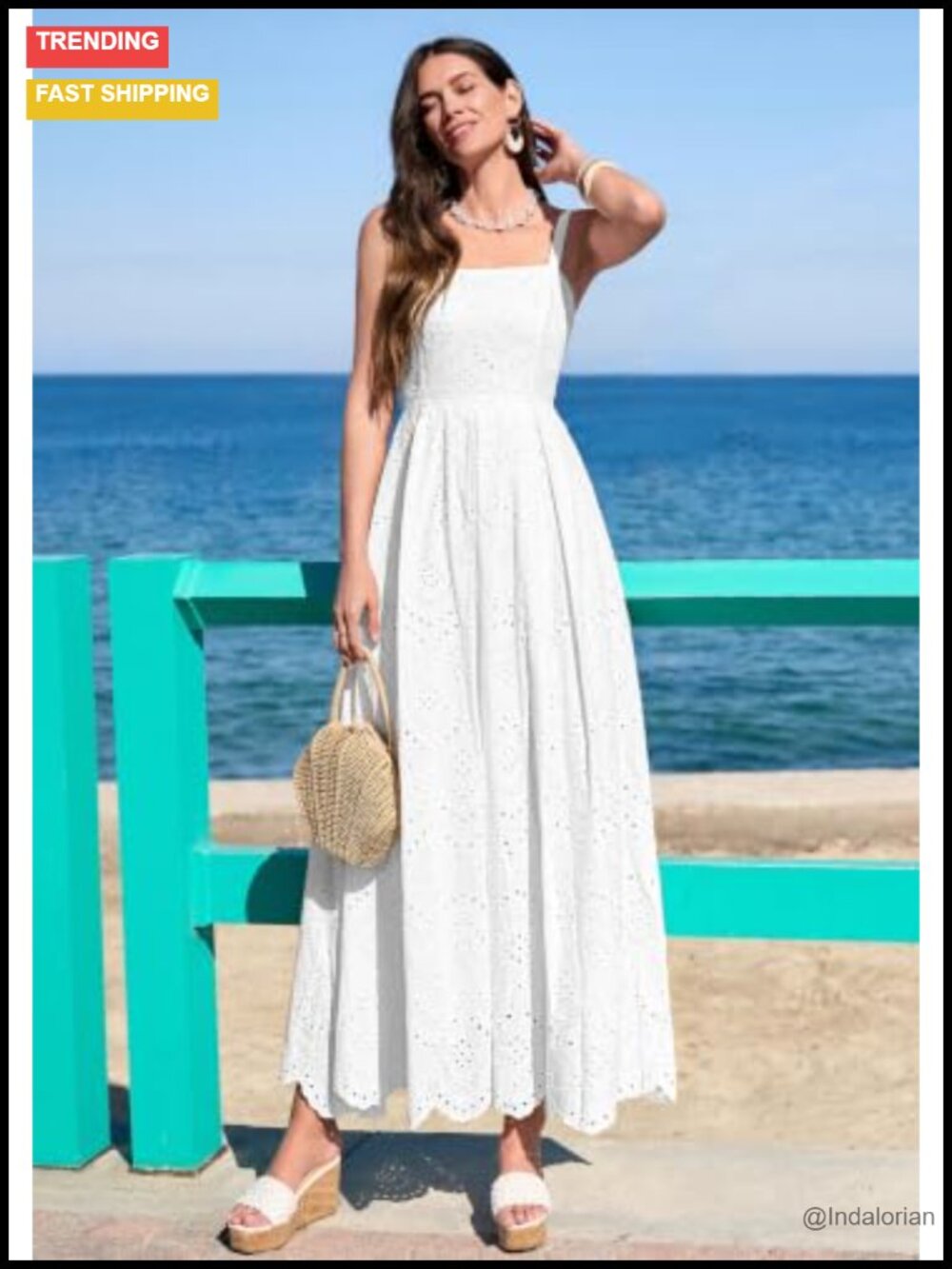 Sleeveless Eyelet Maxi Dress Adjustable Spaghetti Strap A-Line Sundress with - Picture 4 of 6